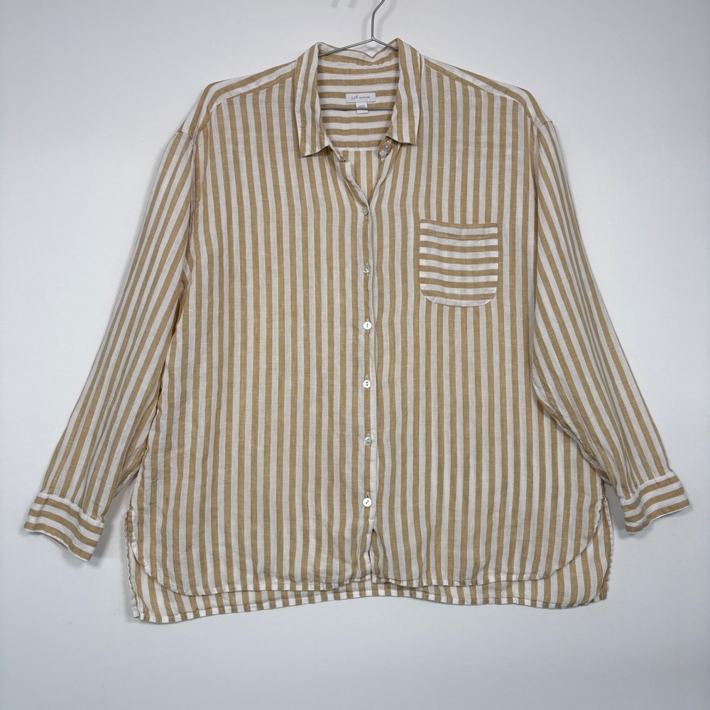 J. Jill Women Button Down Shirt L Tan White Stripe Love Linen Long Sleeve Pocket